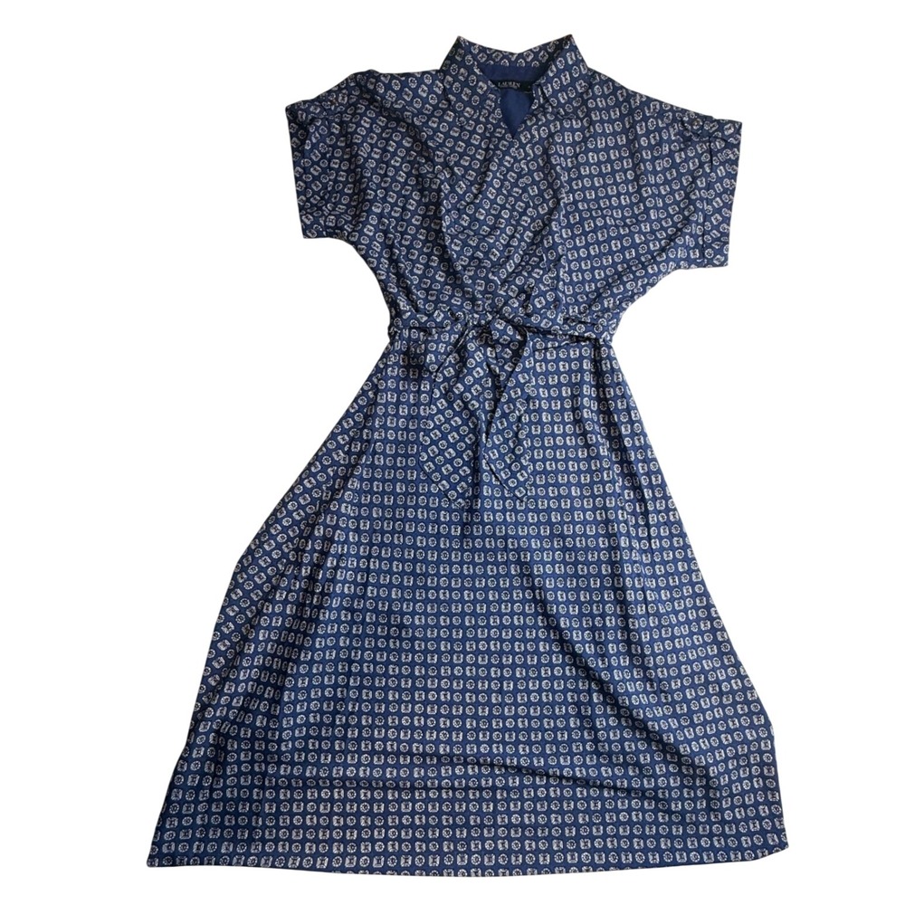Lauren Ralph Lauren Blue Geometric Print Mock Neck Belted Midi Dress 10-2484